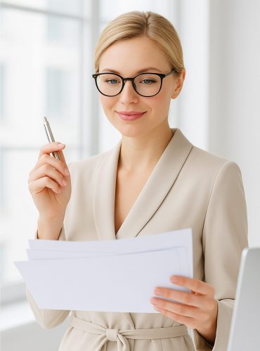 Zufriedene junge Frau im Business Anzug